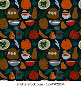 vector seamless print with cartoon food illustrations. funny pictures with fruits, tea, food for wallpaper, prints, textiles. seamless vector pattern on dark background