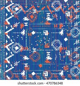 Vector seamless print colorful stripes and lines, abstract shapes and dots. Ethnic pattern in blue with native and tribal motifs. Woven vintage textile design in aztec style with hand painted chevrons
