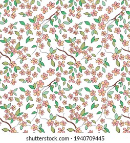Vector seamless print drawing of beautiful pink flowers with green leaves and branches for wallpaper or large background