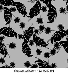vector seamless print with flowers on a gray background, palm leaves