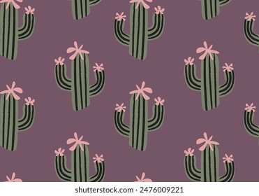 
Vector seamless print. Pattern of green cacti with flowers. Burgundy trendy color. Cute pattern for children's clothing, home decor and stationery. Top design for wallpaper, wrapping paper.