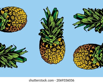 Vector seamless print with pineapples on the blue background, tropic pattern for fabric textile, industry, paper, fashion, design