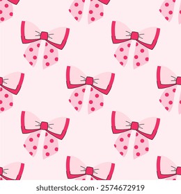 Vector seamless print with pink bows. Cute hand drawn bow. Seamles pattern pink ribbon