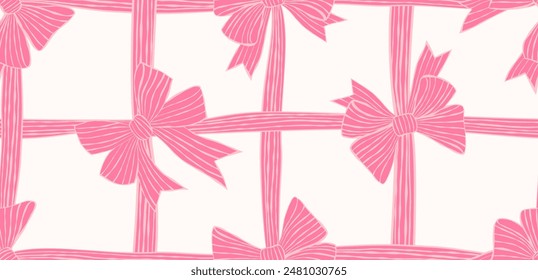 
Vector seamless print. Trendy bows are placed in a mesh. Pink bows made of striped ribbon on a light background. Popular pattern for children and adults.
