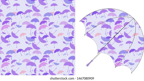 Vector seamless print for umbrella design. Silhouettes of multi-colored umbrellas in pastel colors arranged in a chaotic manner
