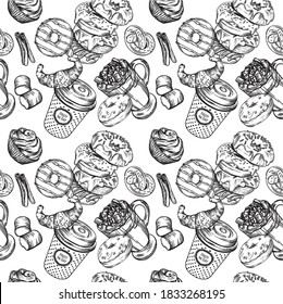 Vector seamless prints. Coffee and baking prints. Patterns for coffee shops and pastry shops. Coffee, pastries, muffins, croissants, doughnuts. Black and white illustration of food and drinks line.