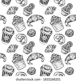 Vector seamless prints. Coffee and baking prints. Patterns for coffee shops and pastry shops. Coffee, pastries, muffins, croissants, doughnuts. Black and white illustration of food and drinks line.