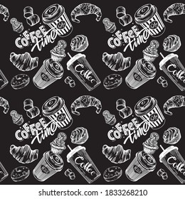 Vector seamless prints. Coffee and baking prints. Patterns for coffee shops and pastry shops. Coffee, pastries, muffins, croissants, doughnuts. Black and white illustration of food and drinks line.