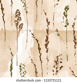 Vector seamless with prints of summer herbs on vintage background looks  like beige paper.