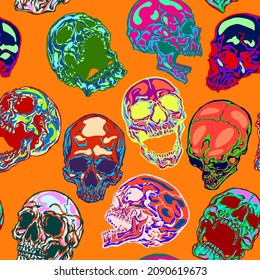 Vector seamless psychedelic colors skulls pattern on orange background.