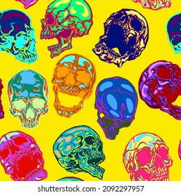 Vector seamless psychedelic colors skulls pattern on yellow background.
