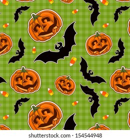 vector seamless with pumpkin, bat and candy on transparent background