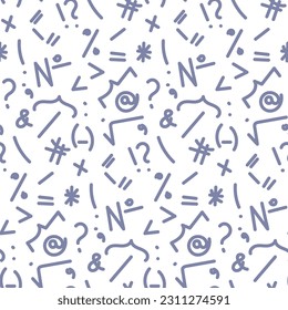 Vector seamless punctuation pattern. Hand-drawn scribbles with a blue pen. Question mark, Exclamation mark, Brackets, quotation marks, plus, multiplication, dog. Printing on textiles and paper