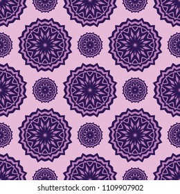 Vector Seamless Purple Floral Mandala Pattern.