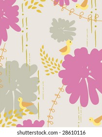 vector seamless purple floral pattern with little bird