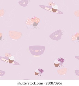 vector seamless purple pastel pattern of tea cups and cupcakes for your design