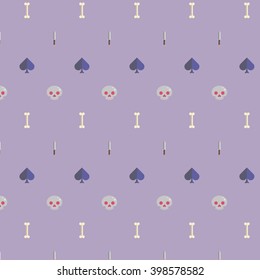 Vector seamless purple texture. Minimalistic skull pattern. Knifes. Yellow bones. Blue spades. Cartoon grey skull. Flat. Minimalism. Wallpaper. Evil background, Spooky. Funny skull. Red eyes