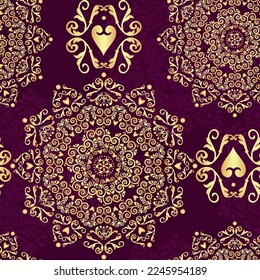 Vector seamless purple valentine vintage pattern with gold mandala and hearts