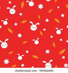 Vector seamless rabbit pattern. Cute white bunny with carrots and white flowers on red background.