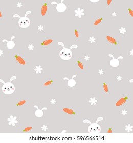 Vector seamless rabbit pattern. Cute white bunny with carrots and white flowers on grey background.