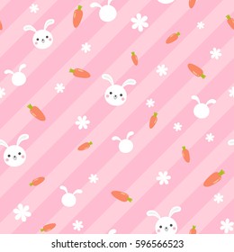 Vector seamless rabbit pattern. Cute white bunny with carrots and white flowers on pink diagonal stripes background.