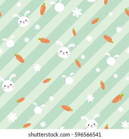 Vector seamless rabbit pattern. Cute white bunny with carrots and white flowers on mint diagonal stripes background.
