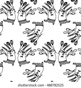 Vector seamless rabbit pattern. Hand drawn funny hare with balloons. Isolated. Doodle black and white background.