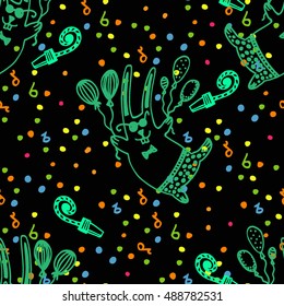 Vector seamless rabbit pattern. Hand drawn funny hare with balloons. Isolated. Doodle black and white background.