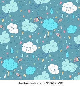 Vector seamless rain theme pattern. Colorful doodling autumn design. Endless background with hand drawn clouds, rain drops, umbrella and hearts.