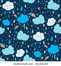 Vector seamless rain theme pattern. Colorful doodling autumn design. Endless dark blue background with hand drawn clouds, rain drops, umbrella and hearts.