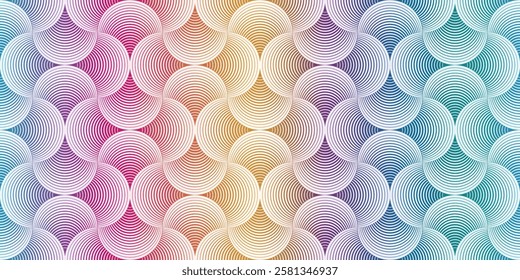 Vector seamless rainbow geometric pattern with striped shapes on a white background, For textiles, wallpaper and packaging