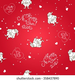 Vector seamless red background with Santa, lettering and hearts. Hand drawn doodle vector background. 