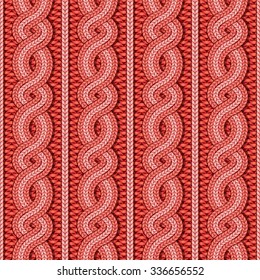Vector seamless red Christmas sweater cable knitted pattern in ethnic style 