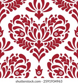 Vector Seamless  Red Floral Composition with Hearts.Valentine's Day Background