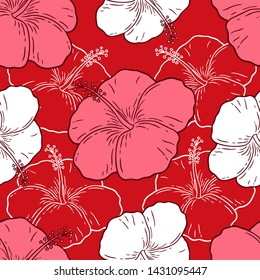 Vector Seamless Red Hibiscus Flower Patterns