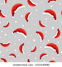 Vector seamless red Santas hats pattern with snowflakes on gray backdrop. christmas or holiday winter background. Santa cap pattern for textile print or wrapping paper. xmas texture with red hats.