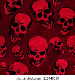 Vector seamless - red skulls on dark texture background