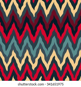 Vector Seamless Red Tan Navy Blue Colors  Rough Hand Painted ZigZag Lines Pattern