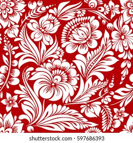 vector seamless red and white pattern with abstract stylized flowers in folk style, hohloma, petrikovka.
bright festive floral ornamental design for textiles, wallpaper, packaging