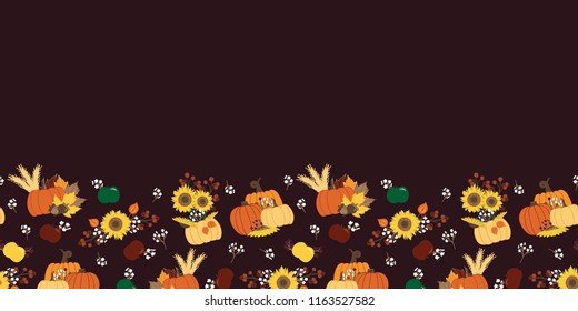 Vector seamless repeat border pattern fall scenes with pumpkins sunflowers flowers apples and more. Great for tea towels, paper products, tableware, party favors and more. Surface pattern design.