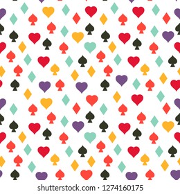 Vector seamless repeat colorful illustration with playing cards, card suits. 