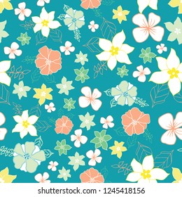 Vector seamless repeat floral pattern on blue background. Perfect for fabric, wallpaper, stationery and scrapbooking projects and other crafts and digital work