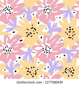 Vector Seamless repeat pattern with abstract flowers. Hand drawn fabric, invitation, gift wrap, wall art design, card, wallpaper. Mothers or Womens day design. Spring and summer seasons design. 