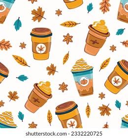 Vector seamless repeat pattern of autumn leaves and coffee, Background for textile.