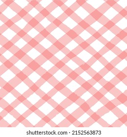 Vector seamless repeat pattern with bias diagonal gingham check plaid in soft coral pink colors. Cottagecore, farmers market, countryside background, coastal projects. Vector illustration