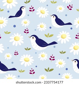 vector , seamless  repeat pattern of blue white bird with blooming daisy , leaf and  blue dot on light blue background