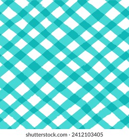 Vector seamless repeat pattern with bright aqua teal bias gingham check plaid with grunge torn edges. Coastal, beach, swim, tropical projects. 