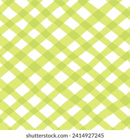 Vector seamless repeat pattern with bright yellow-green chartreuse bias gingham check plaid with grunge torn edges. Summer picnic, Easter, cottagecore projects. 