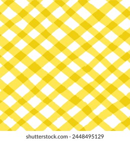 Vector seamless repeat pattern with bright sunny yellow bias gingham check plaid with grunge torn edges. Summer picnic, Easter, cottagecore projects, honey, farmers market, sunflower seeds. 