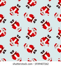Vector seamless repeat pattern of cartoon outline Santa Clauses with and without bags of toys on the back. Santa has eyeglasses, red coat and hat and is ready for Christmas party on blue background